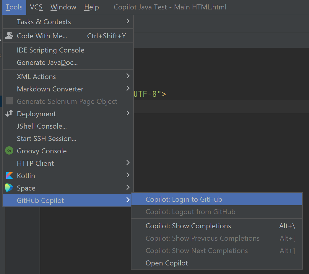 Tools GitHub Copilot option`